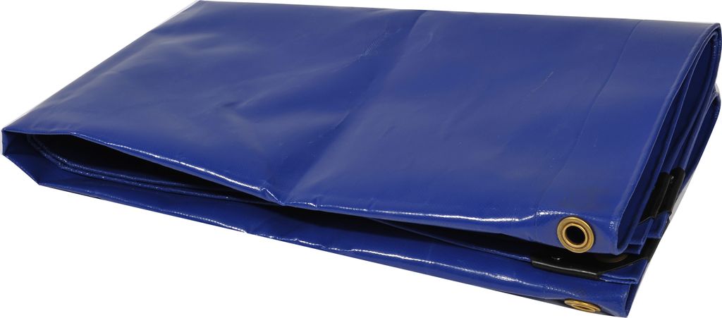 A folded blue tarp is shown on a white background.