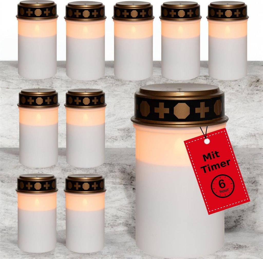 Novaliv LED Grablichter ohne Batterie und Timer 6/18 weiß 10 Stück LED Kerzen ohne Batterien Grabkerzen Friedhofskerze Kerzen flackernde Flamme G...