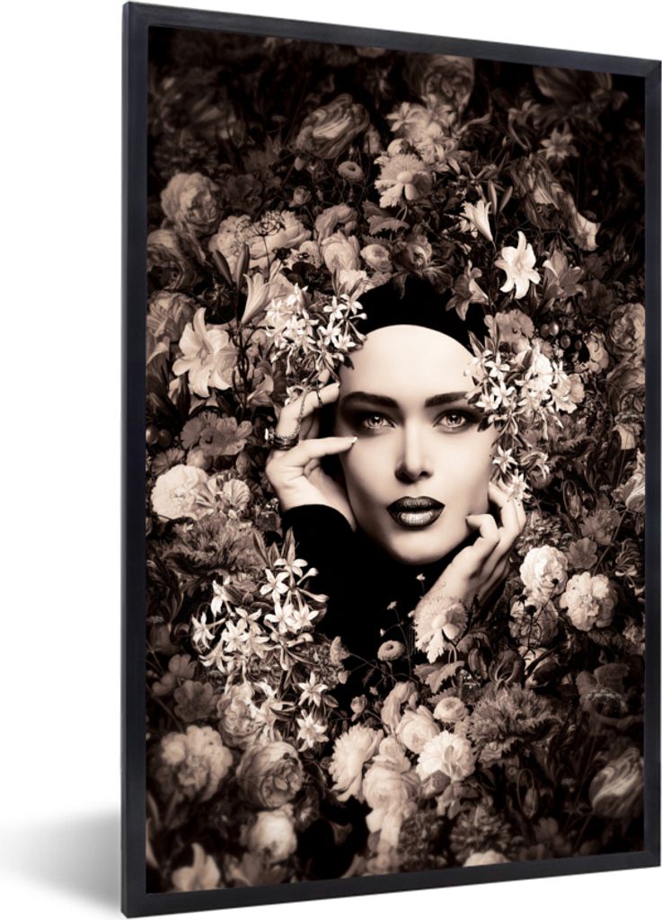 MuchoWow Gerahmtes Poster Frau - Blumen - Botanisch - Natur 40x60 cm - Poster mit Schwarzem Bilderrahmen Wandposter Rahmen Foto Bilder - Papierdr...