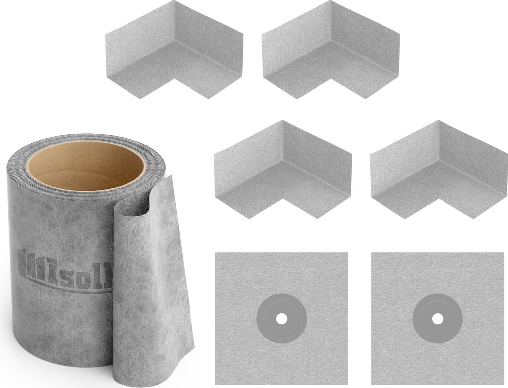Isolbau 201G Bandset - Dicht-Set für den Innen und außen bereich inkl. 10 m Dichtband, 4x Innenecken & 2x Wandmanschetten, Abdichtung Dusche Bad ...