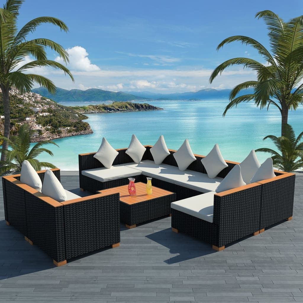 The Living Store 9-tlg. Garten-Lounge-Set mit Auflagen Poly Rattan Schwarz
