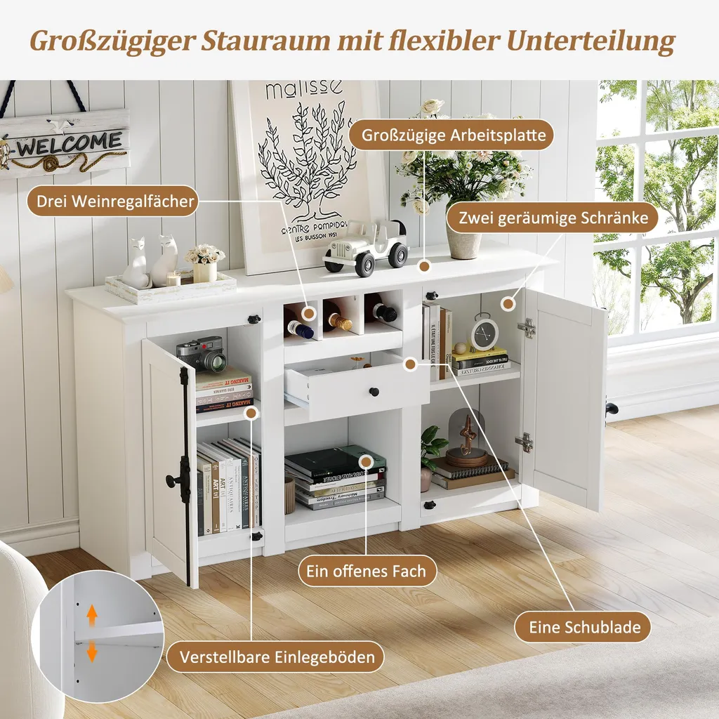 Buffet avec Rangement Semi-Ouvert et Porte-Bouteilles - Commode Blanche