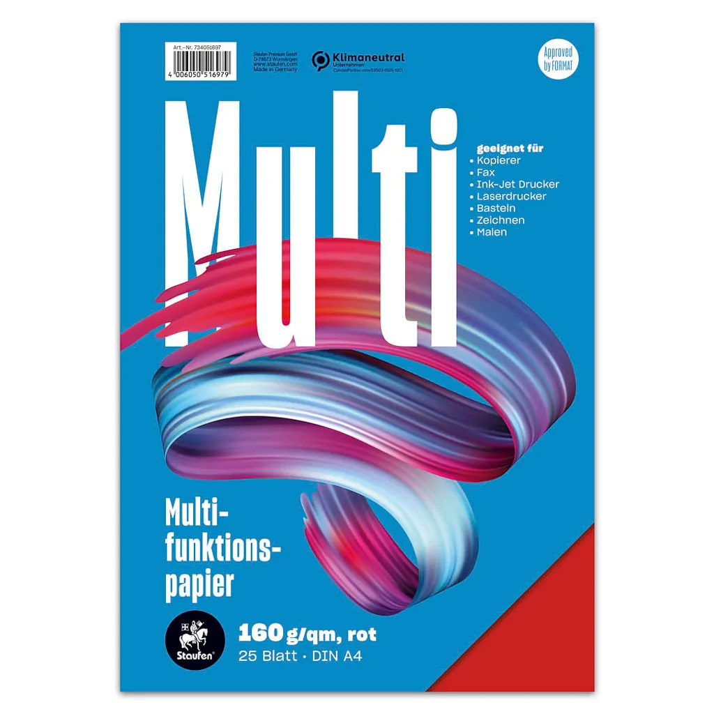 Staufen 734051697 Carta A4 Rossa 160g - 25 Fogli Multifunzione Premium