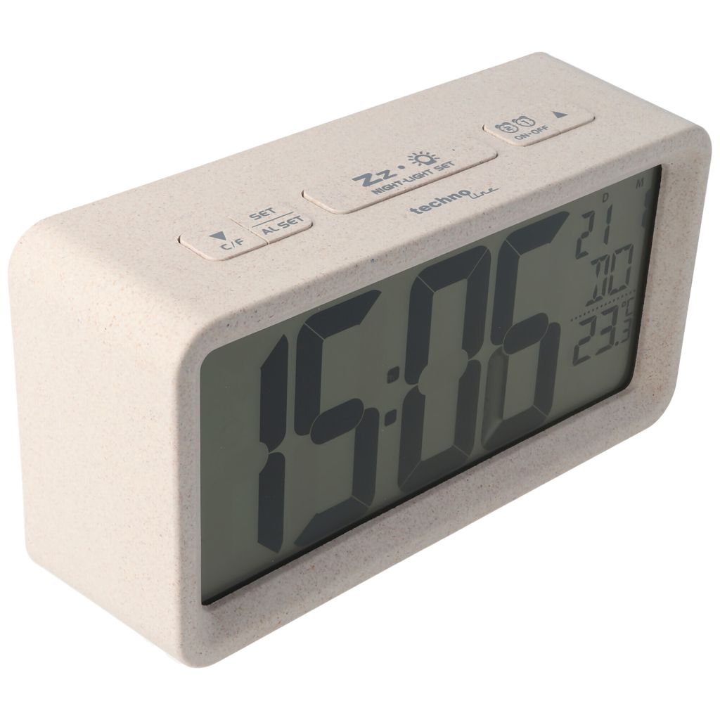 A digital alarm clock with a beige casing and a large digital display showing the time and temperature.