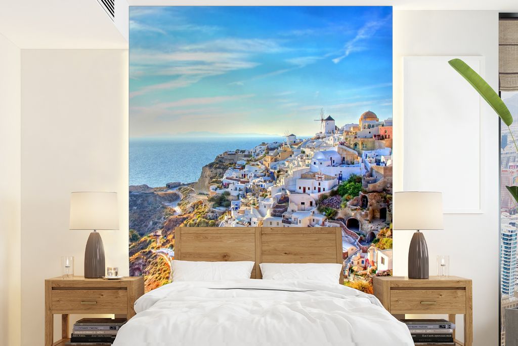 MuchoWow Fototapete für Wohnzimmer oder Schlafzimmer Wandtapete Vinyl Motivtapete Berge von Santorin Griechenland - 190x260 cm - Papiertapete