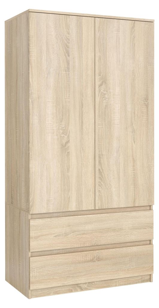 Mobelsta Kleiderschrank mit 2 Schubladen, Kleiderschränke Schlafzimmer, Wohnzimmer Schrank, Garderobenschrank, Sonoma, 90x50x180 cm