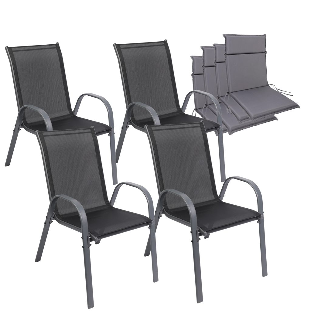A set of four outdoor chairs and stacked cushions on a white background.