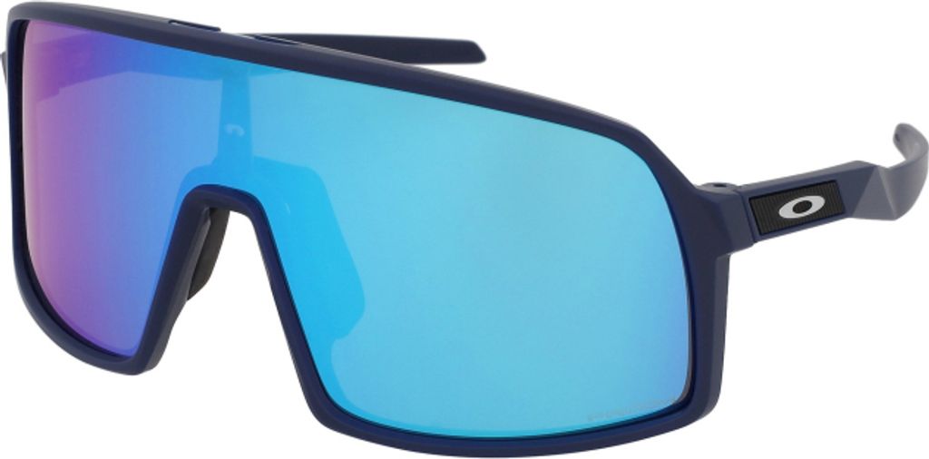 A pair of Oakley Sutro S sunglasses with a matte navy frame and blue mirrored lenses, shown against a white background.