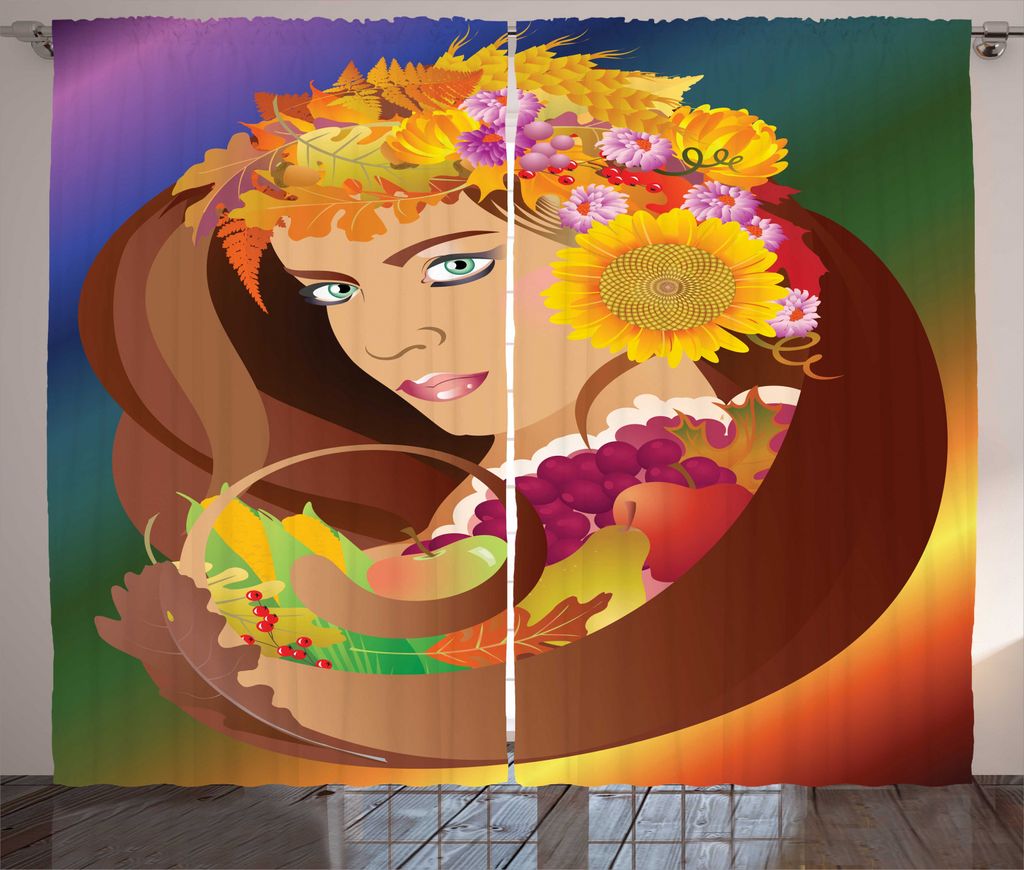 ABAKUHAUS Mädchen Rustikaler Vorhang, Blumenblatt und Obst Haar, Wohnzimmer Universalband Gardinen mit Schlaufen und Haken, 280 x 225 cm, Mehrfarbig