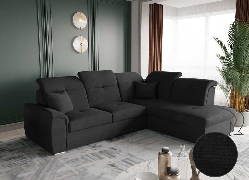 Kaiser Möbel Ecksofa mit schlaffunktion und bettkasten, Schlafsofa, Sofa L Form, Couch L Form BARON stoff Brooklyn Schwarz Rechts