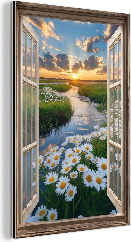 MuchoWow Wanddekoration Metall Metallbild Wandkunst 60x90 cm Aussicht - Landschaft - Fenster - Wasser - Sonnenuntergang MuchoWow Aluminium Gemälde...