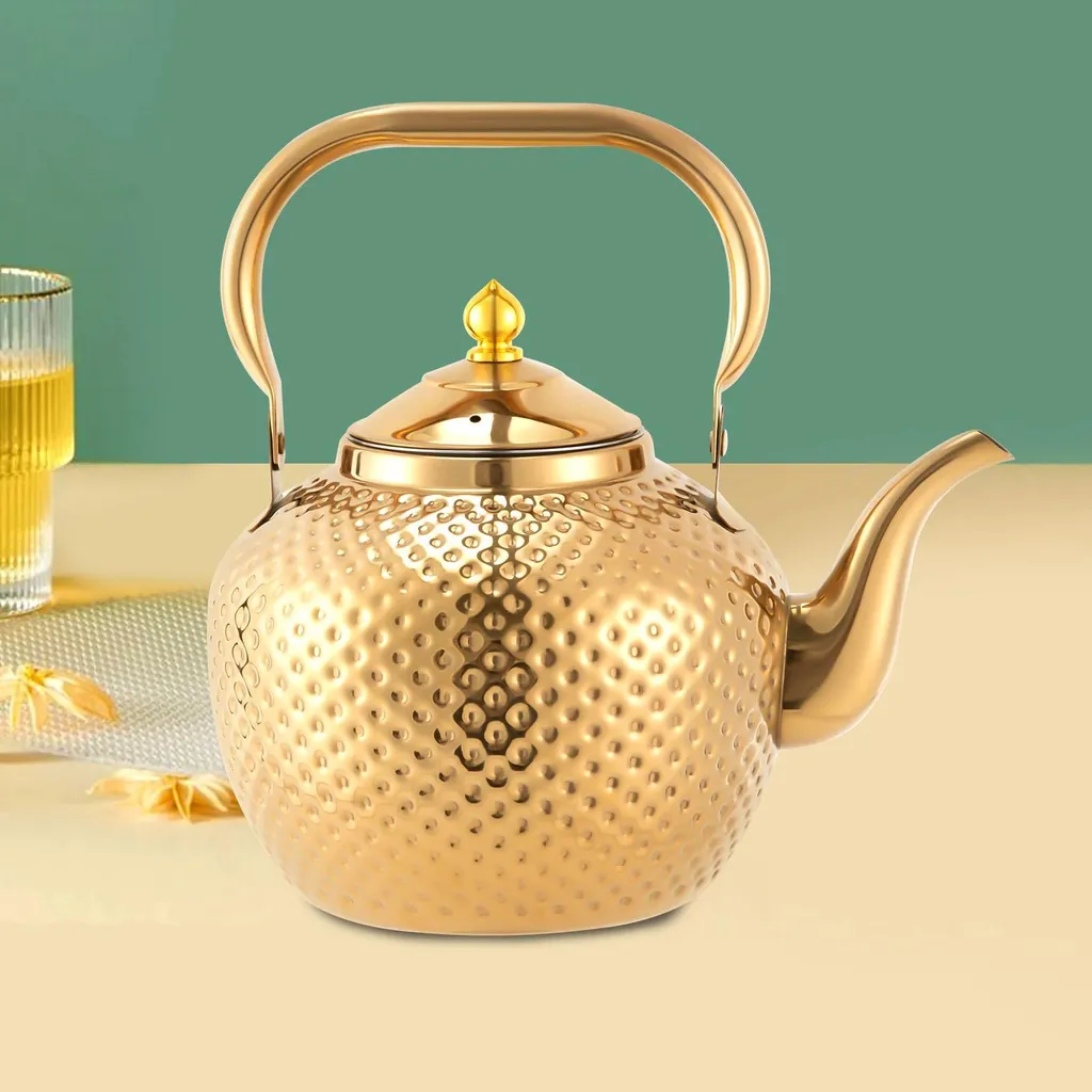 Bollitore/teiera - Per fornello - 2,0 l, acciaio inossidabile, design martellato, con filtro per il tè, induzione e gas, adatto al campeggio - Oro