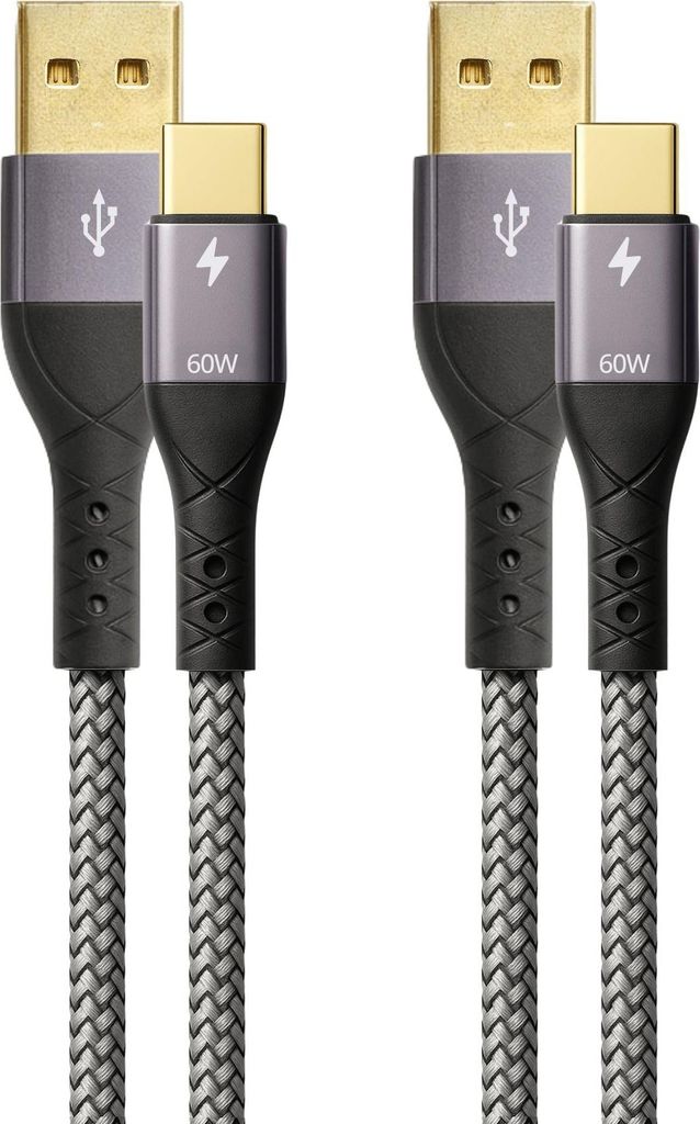 ProfiPatch USB A auf USB C Kabel 60W QC 3A Set 2x1m grau Goldkontakt Textil USB Datenkabel, Schnellladekabel für Notebooks, Laptops und Handys