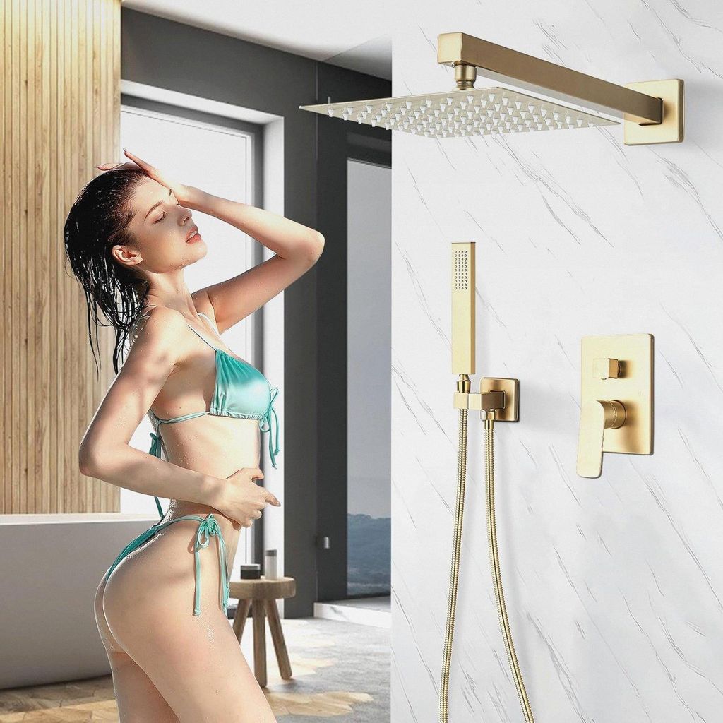 Einbau-Duschsystem mit Ventil, Wandmontage, quadratischer Regenduschkopf, 20 cm, Handbrause, Badewanne, gebürstet, goldfarben