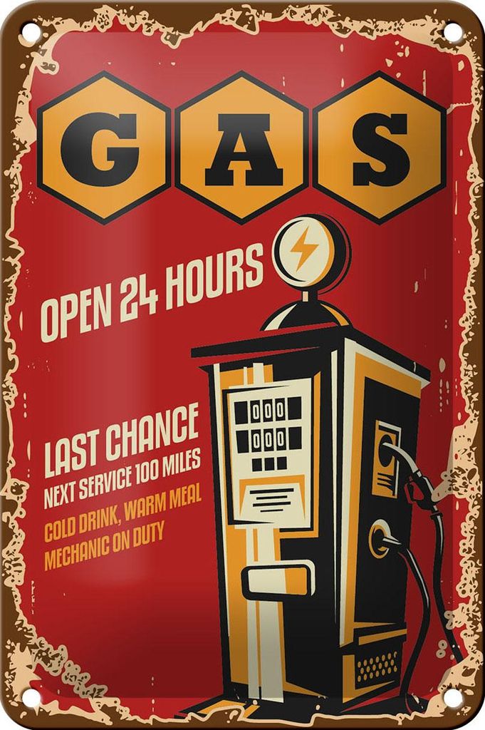 Blechschild Retro 12x18cm Gas open 24 next service