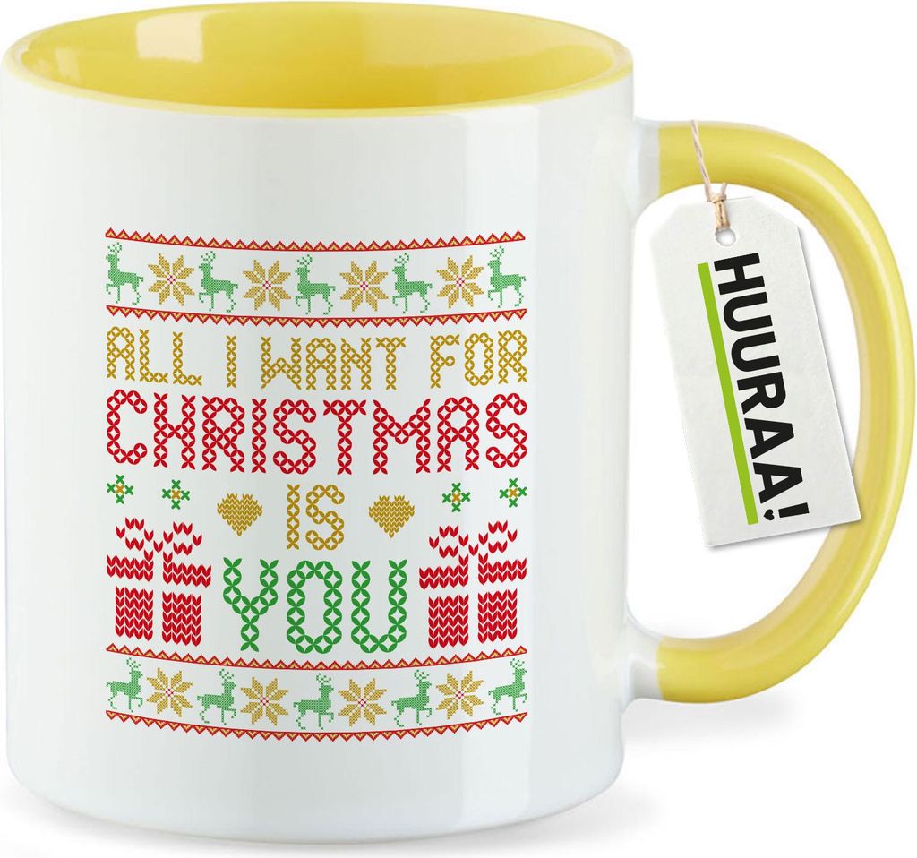 Huuraa Kaffeetasse Ugly Christmas All I want is you 330ml Gelb Keramik Kaffeebecher Geschenkidee