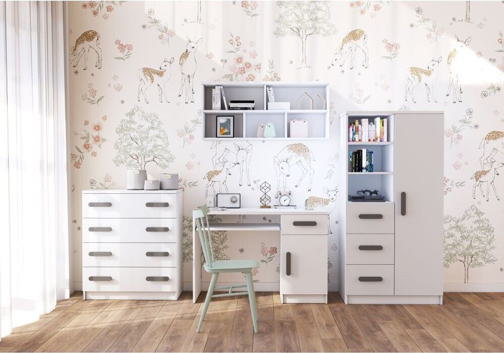 Kinderzimmer-Set Regal Wandregal Kommode Schreibtisch Weiß/Weiß mit grauen Griffen Jonas I 05