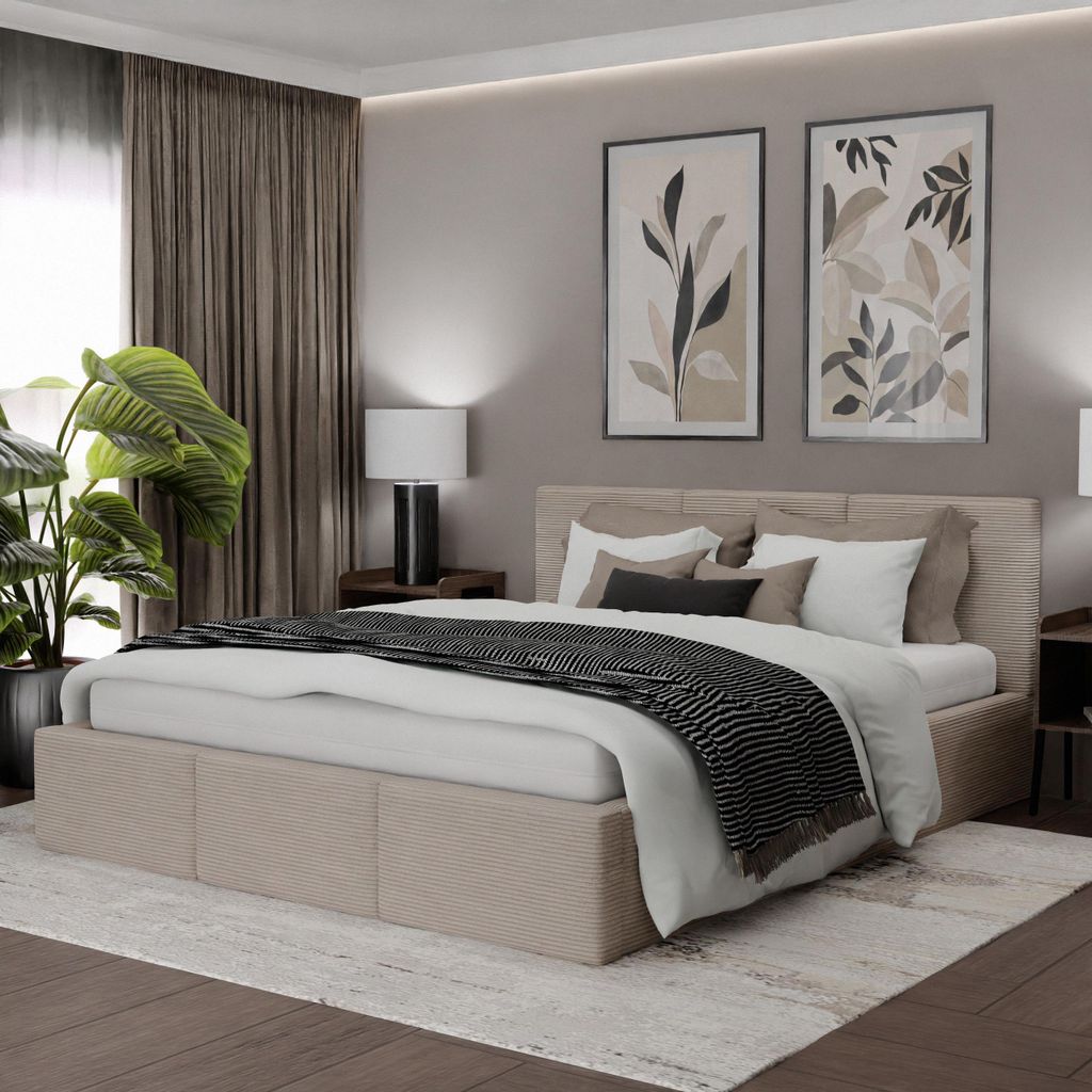 Muralo POLSTERBETT für Schlafzimmer Polsterbett mit Bettkasten und Gasdruckfeder Bett mit Polsterkopfteil Doppelbett 160x200 Beige CORD Stoff