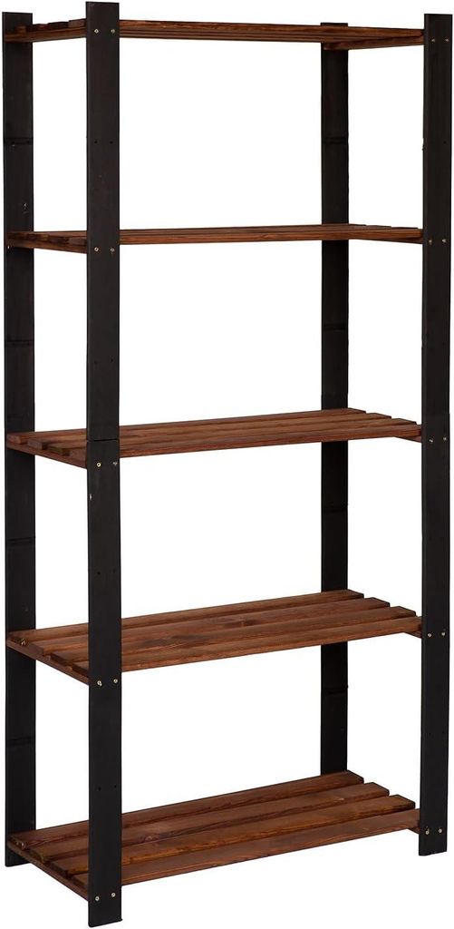 STOLMAK Schwarz/Braun Holzregal Bücherregal 80x170x38 (BxHxT) Wandregal Natur Kiefernholz Massivholzregal Dekoregal 5 Ablagen Kieferregal