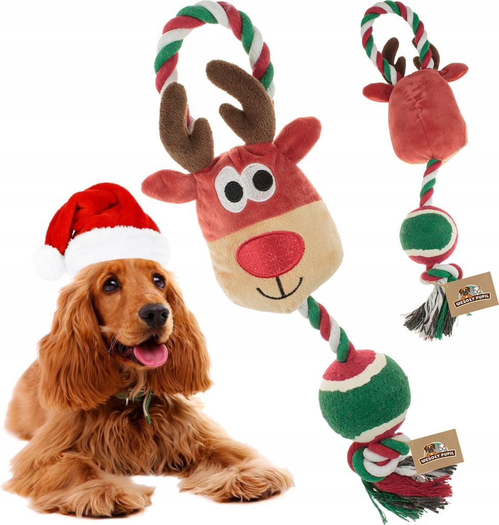 CHRISTMAS RENEE Hundespielzeug Maskottchen mit Schnur und Ball für Weihnachten