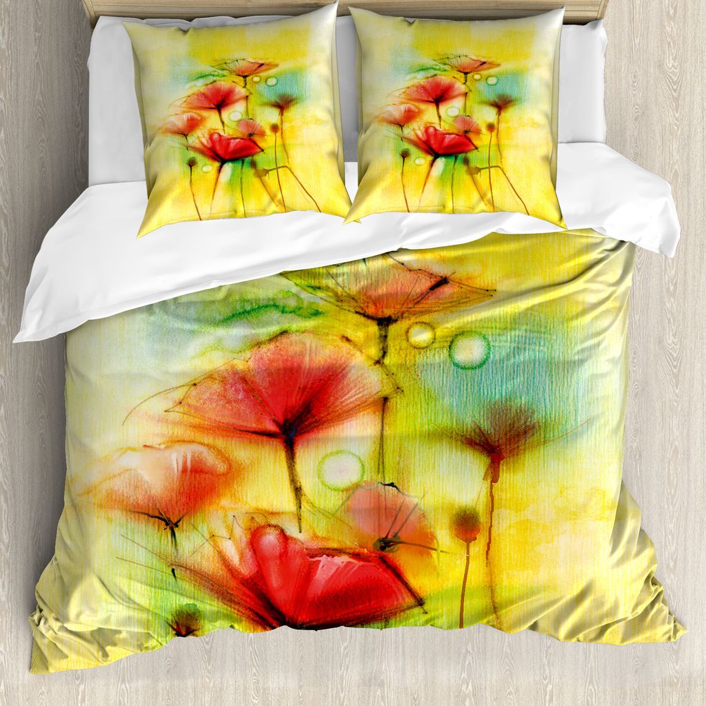 ABAKUHAUS Blume Bettbezug, Mohnblumen-Blumen-Blüten, Milbensicher Allergiker geeignet mit Kissenbezügen, 155 cm x 220 cm - 80 x 80 cm, Gelb Rot