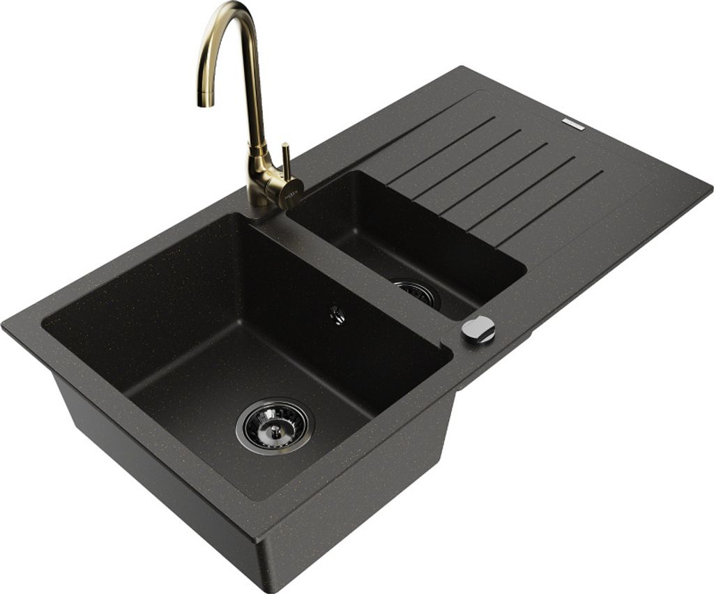 Mexen Matias 1,5-Becken-Granitspüle mit Abtropffläche und Mischbatterie Telma, Schwarz/Gold - 6502-75-670200-50-B