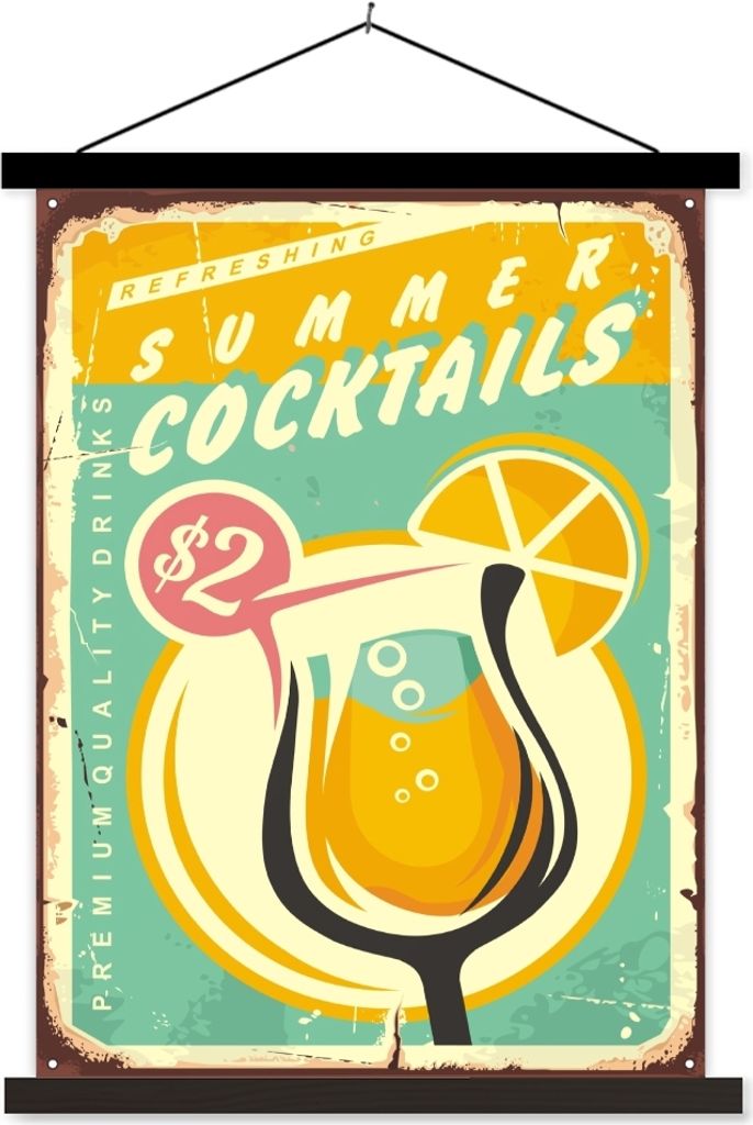 MuchoWow Textilposter Cocktail - Vintage - Zeichnung 90x120 cm mit schwarzem Rahmen - Dekoration