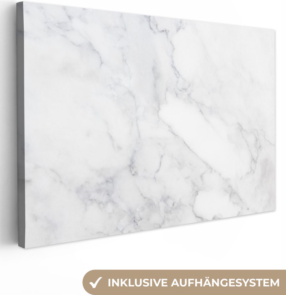 MuchoWow - Leinwandbilder - Marmor - Weiß - Grau - Luxus - Marmoroptik - Stein, Wandbild, Wanddeko Bilder Wohnzimmer, 30x20 cm
