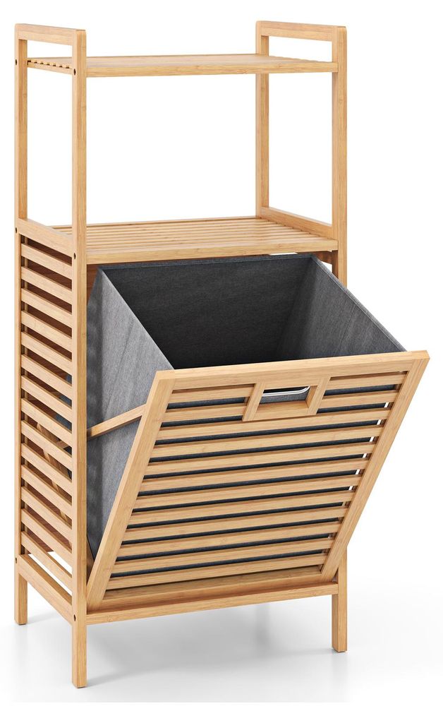 A wooden laundry basket with two shelves and a flip-down front.