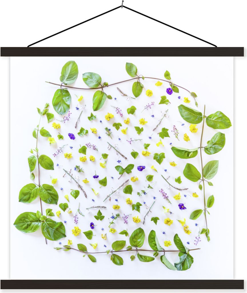MuchoWow Textilposter Typische botanische Blumen und Blätter auf grauem Hintergrund 90x90 cm mit schwarzem Rahmen - Magnetisches