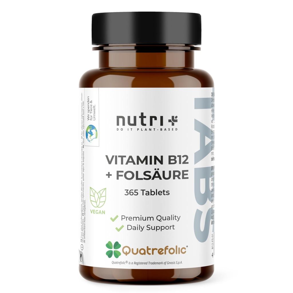 nutri+ Vitamin B12 + Folsäure Tabletten - 365 hochdosierte Tabs - B12 + Folat