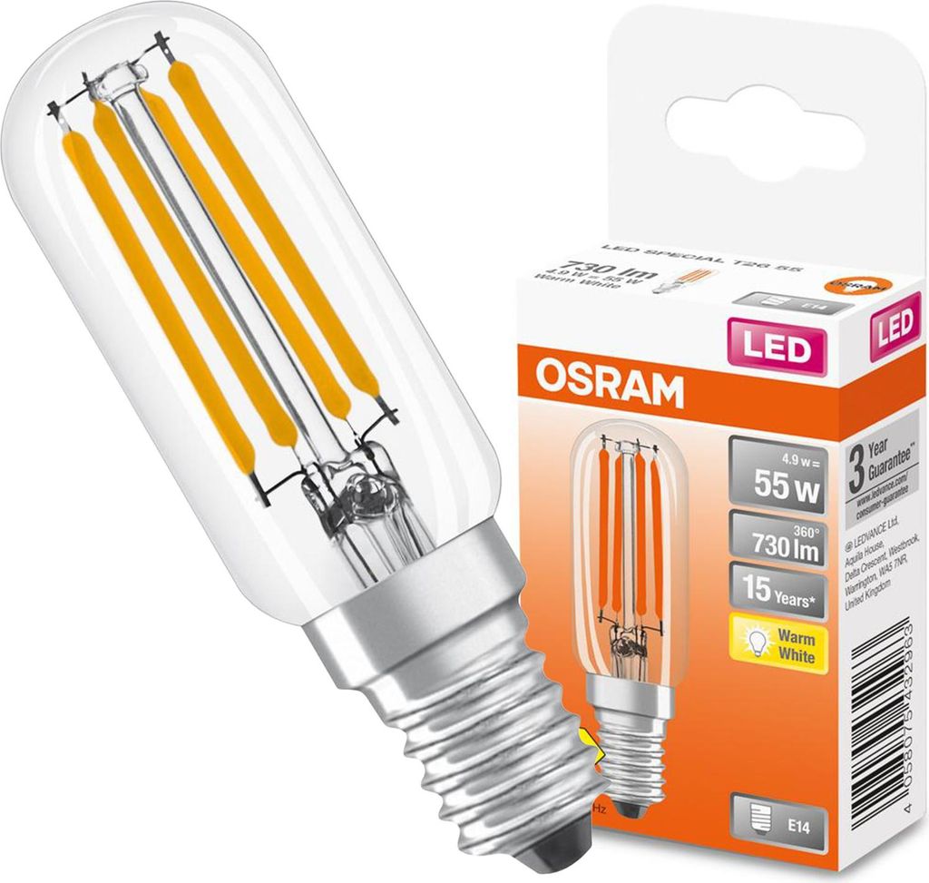 A clear LED light bulb and its packaging are shown against a white background.