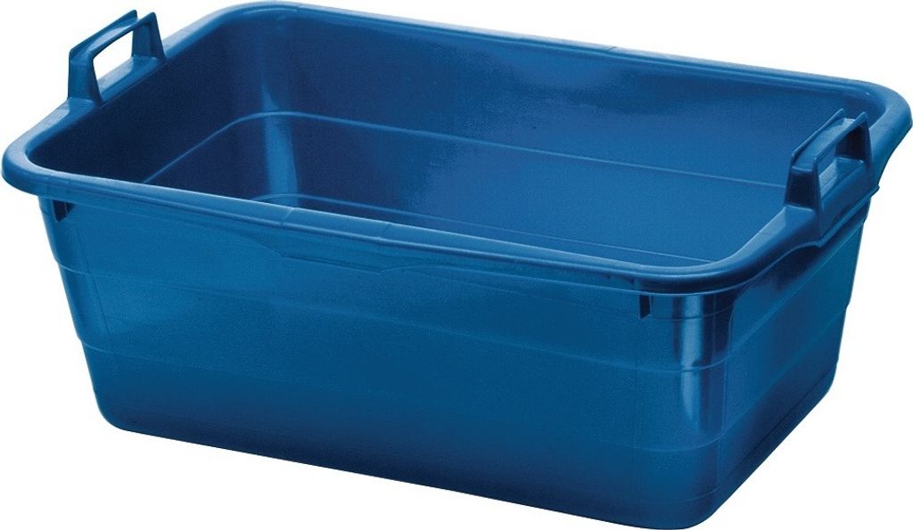 A blue plastic tub with handles, shown from a slightly elevated side angle against a white background.