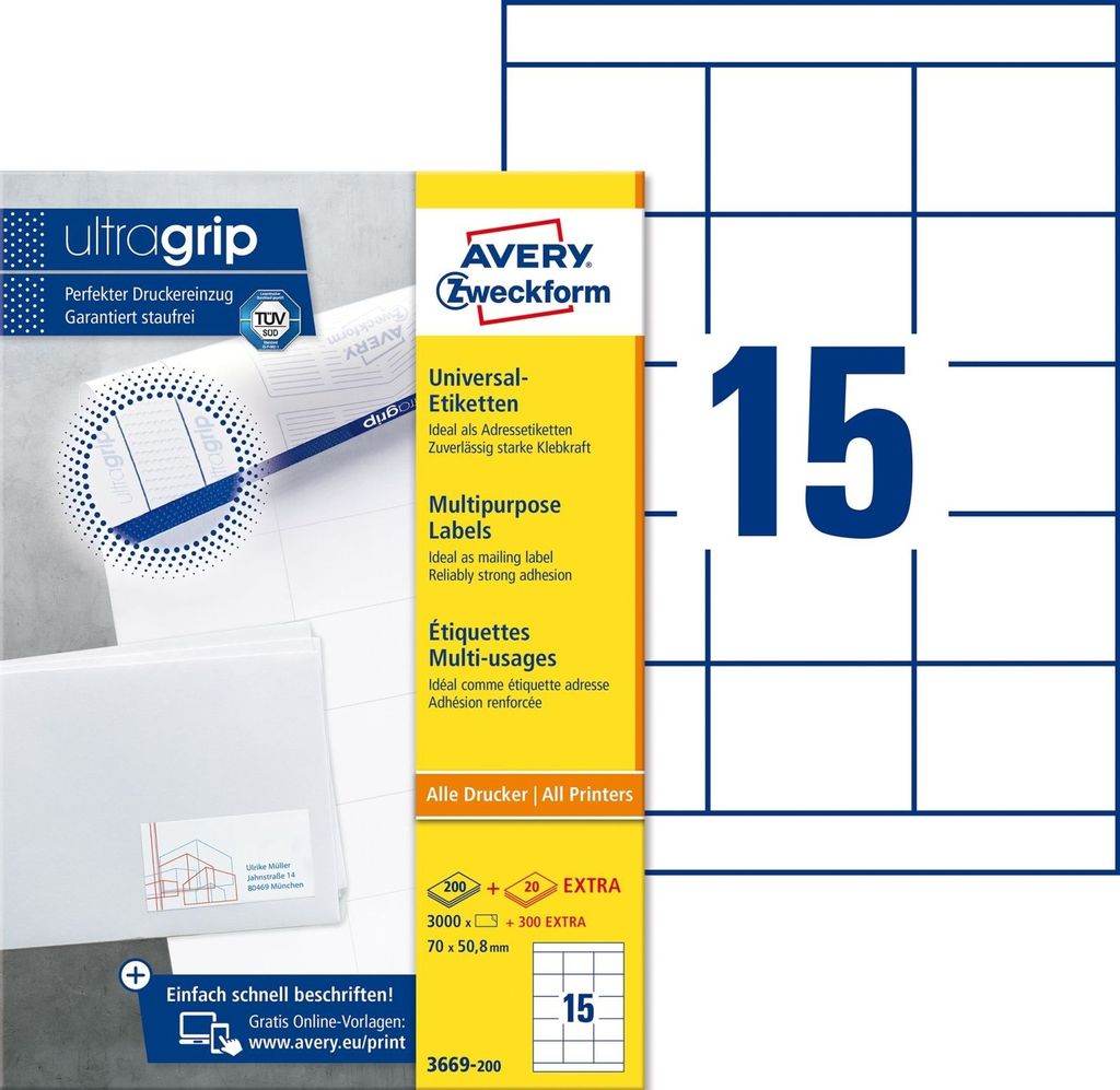 Universal-Etiketten ultragrip 70x50,8 mm VE=7x3.300 Etiketten / 220 Bogen weiß