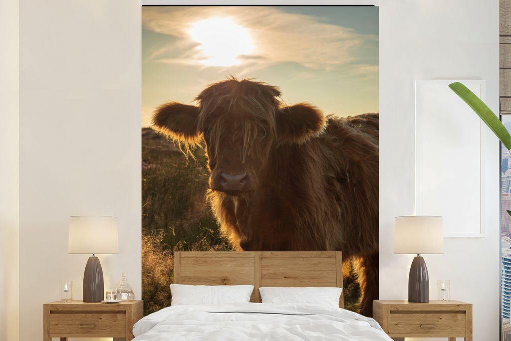 MuchoWow Fototapete für Wohnzimmer oder Schlafzimmer Wandtapete Vinyl Motivtapete Schottischer Highlander - Sonnenuntergang - Gras - 170x260 cm ...