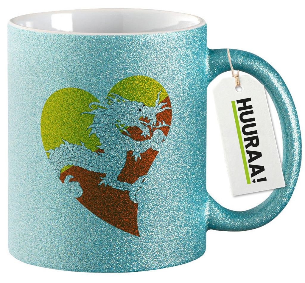 Huuraa Glitzertasse Bhutan Flagge Herz 330ml Blau Keramik Kaffeebecher Geschenkidee