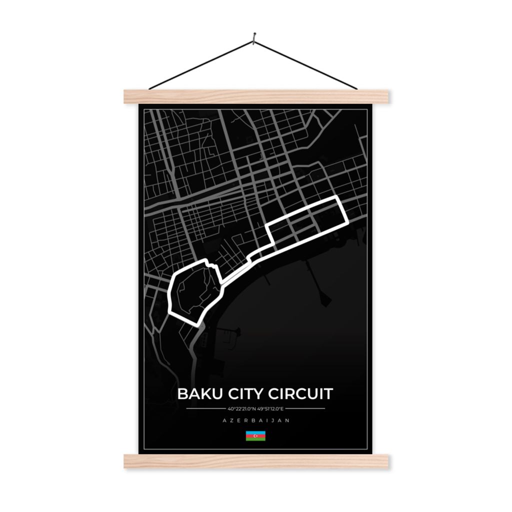 MuchoWow Textilposter Rennstrecke - Rundkurs - F1 - Baku City Circuit - Aserbaidschan - Schwarz 120x180 cm mit holzfarbenen Rahmen - Textil-Plakat