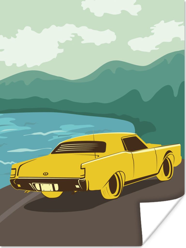 MuchoWow Poster Illustration eines gelben Autos 30x40 cm - Wandplakat - Poster Kinderzimmer