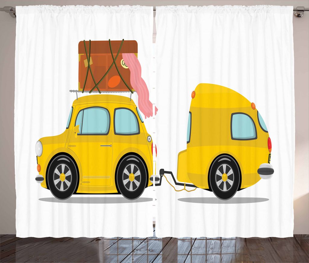 ABAKUHAUS Wohnmobil Rustikaler Vorhang, Retro Auto mit Anhänger, Wohnzimmer Universalband Gardinen mit Schlaufen und Haken, 280 x 225 cm, Mehrfarbig