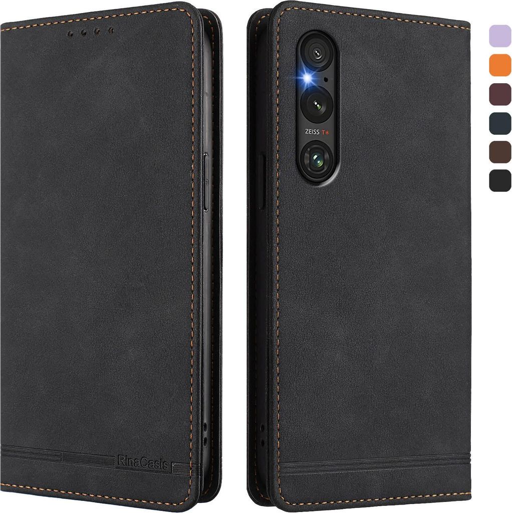 Hülle für Sony Xperia 1 V, Retro Kunstleder Ständer Klapphülle mit Kartenfächer und Magnetische Schwarz