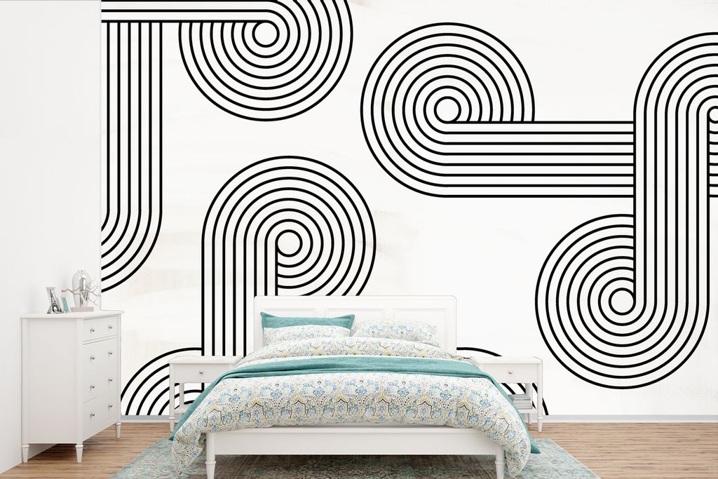 MuchoWow Fototapete für Wohnzimmer oder Schlafzimmer Wandtapete Vinyl Motivtapete Kunst - Rund - Schwarz - Weiß - 600x400 cm - Vinyltapeten