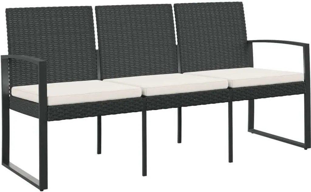 Banc de jardin noir en rotin PP avec coussins confortables de 3 places