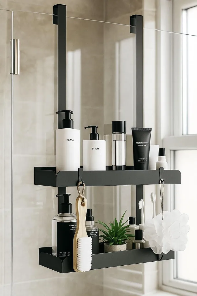 Panier de douche en acier inoxydable, rangement suspendu 2 niveaux large