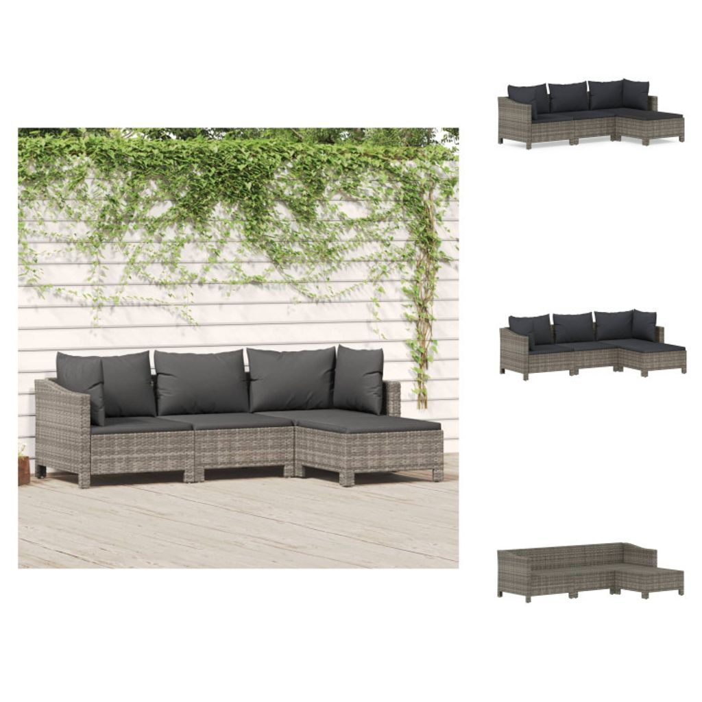 vidaXL 4-tlg. Garten-Lounge-Set mit Kissen Grau Poly Rattan - Gartenmöbel-Sets
