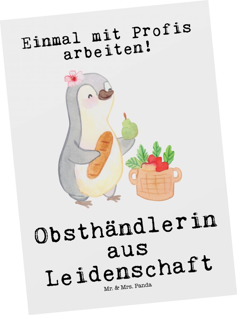 Mr. & Mrs. Panda Postkarte Obsthändlerin Leidenschaft - Weiß - Geschenk, Ansichtskarte, Grußkarte, einzelkarte, Postkarten, Witzig, Obstplantage...