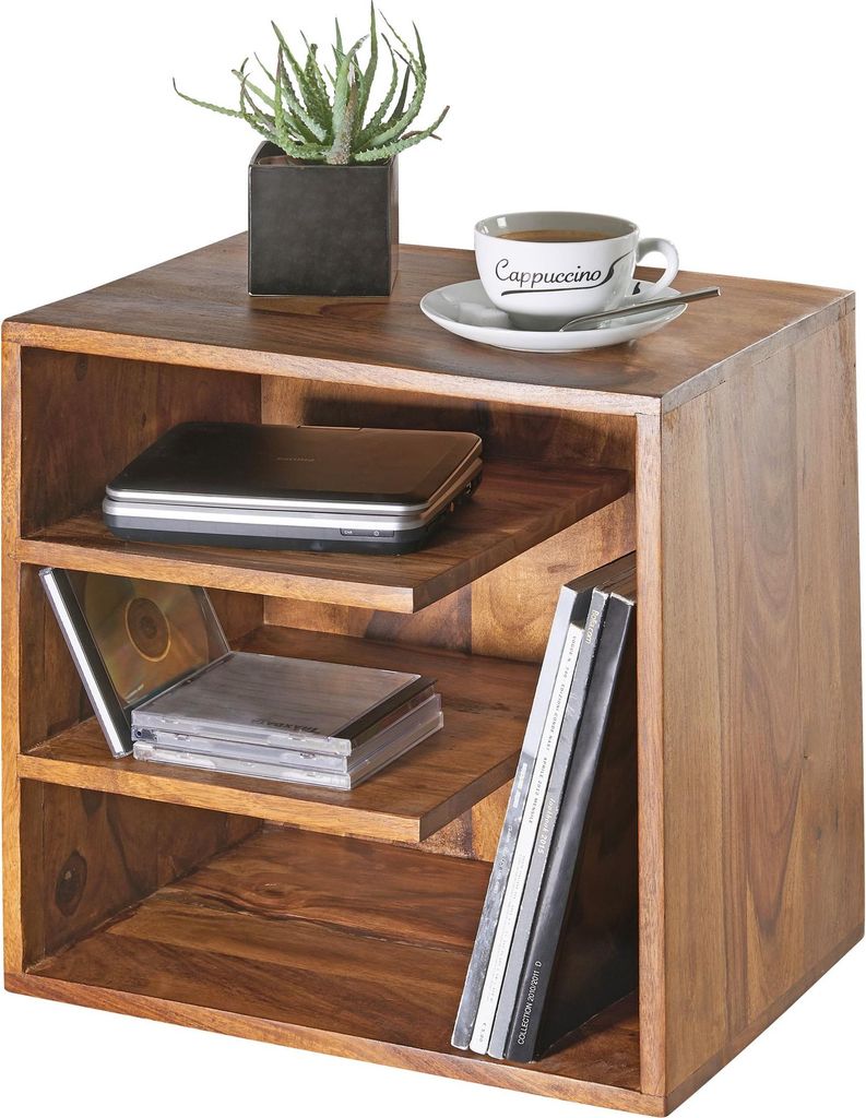 Beistelltisch Sheesham Massivholz 43x43x30cm mit zwei offenen Fächern und dunkelbrauner Arbeitsplatte.