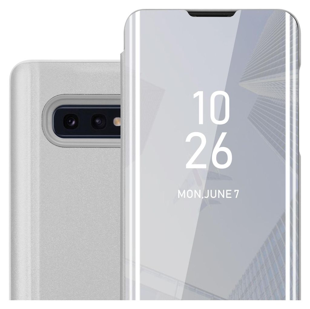 A close-up of a silver smartphone case with a mirrored front cover displaying the time and date.