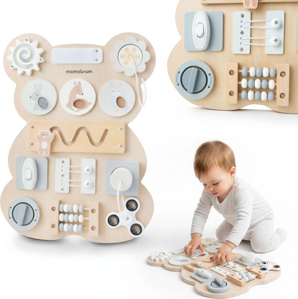 A baby playing with a Montessori busy board shaped like a bear. The image also shows a close-up of the busy board.
