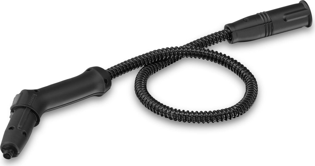 A black flexible hose with a handle on one end and a connector on the other, shown against a white background.