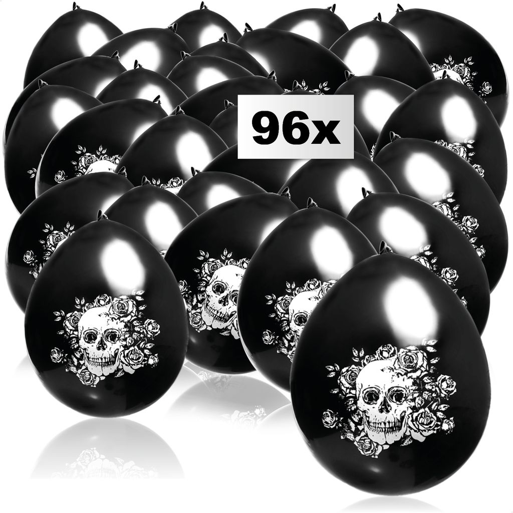 96x Luftballons mit Totenkopf Design mit Rosen - 25 cm - Latexballons